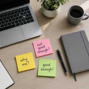 Post it notes on a desk with laptop